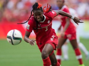 Canada's Kadeisha Buchanan chases down the ball during first half FIFA Women's World Cup quarter-final soccer action against England in Vancouver, B.C., on Saturday June 27, 2015. Canadian international Kadeisha Buchanan is one of four nominees for the Honda Sport Award for Women's Soccer. THE CANADIAN PRESS/Darryl Dyck