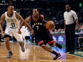 Kyle Lowry #7 of the Toronto Raptors drives against Avery Bradley #0 of the Boston Celtics during the first half at TD Garden on December 9, 2016 in Boston, Massachusetts. (Photo by Maddie Meyer/Getty Images)