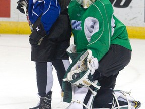 London Knights forward JJ Piccinich watches as goaltender Tyler Johnson makes a glove save during a team practice at Budweiser Gardens. Johnson is often mistaken for Tyler Parsons, with both Knights roughly the same size and difficult to distinguish in their Knights helmets. (CRAIG GLOVER, The London Free Press)