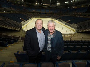 The oldest living Brier champion, Matt Baldwing, and Randy Ferby were at Wednesday's announcement of preparations for the upcoming Ford World Men's Curling Championship at Northland Coliseum in April. (Greg Southam)