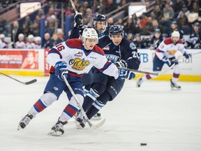 Davis Koch, shown here in a game at Rexall Place last March, notched two goals in the Oil Kings' overtime win against the Blades in Saskatoon on Wednesday. (Sahughn Butts)