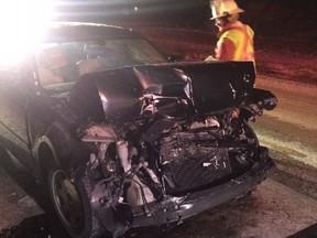 This vehicle was badly damaged on Wednesday on Highway 216, when CAA Manitoba said it collided into a tow truck preparing to pull another vehicle from the ditch. No one was hurt. (CAA MANITOBA PHOTO)