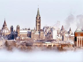 Parliament Hill is surrounded by ice fog in winter.