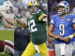 Quarterbacks Ryan Tannehill, Aaron Rodgers and Matthew Stafford. (AP Photo)