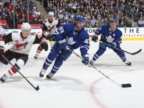 Jakob Chychrun #6 of the Arizona Coyotes skates against Nazem Kadri #43 of the Toronto Maple Leafs during an NHL game at the Air Canada Centre on December 15, 2016 in Toronto, Ontario, Canada. The Coyotes defeated the Maple Leafs 3-2 in an overtime shoot-out. (Photo by Claus Andersen/Getty Images)