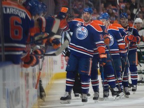 Edmonton Oilers forward Patrick Maroon celebrates scoring a goal earlier this month. (Greg Southam)