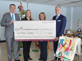 Bill Best, left, president of Cambrian College, development manager Angela Gilmore, Early Childhood Education program co-ordinator Maxine King, and Shawn Poland, associate vice-president of College Advancement and Strategic Enrolment, welcomed a donation to the Cambrian College Foundation from the Aune Koivula Children's Fund. Supplied photo