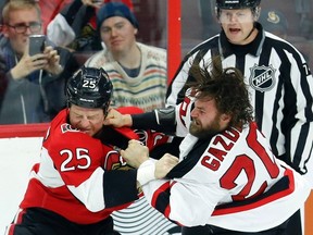 Ottawa Senators winger Chris Neil fights with New Jersey Devils’ Luke Gazdic at the Canadian Tire Centre. (The Canadian Press)