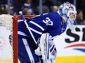 Goaltender Antoine Bibeau participates in his first — and so far, only — NHL game as a member of the Maple Leafs against the Colorado Avalanche on Dec. 11. (DAVE ABEL/Toronto Sun files)