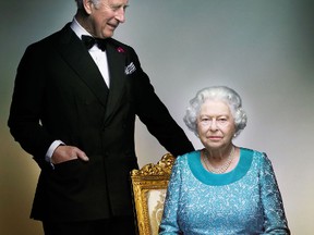 This photograph taken by Nick Knight is a portrait of Britain's Queen Elizabeth II and Prince Charles, taken in the White Drawing Room at Windsor Castle, England in May 2016, prior to the final night of The Queen's 90th Birthday Celebrations at the Royal Windsor Horse Pageant, to mark the end of the year of celebrations for The Queen's 90th birthday. (©2016 Nick Knight)