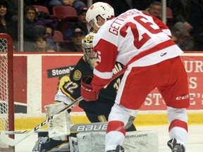 Sault Ste. Marie Greyhounds forward Tim Gettinger has a scoring opportunity on Sarnia Sting goalie Justin Fazio during first-period Ontario Hockey League action at the Essar Centre on Sunday, Dec. 18, 2016 in Sault Ste. Marie, Ont. Fazio surrendered seven goals on 27 shots, including one to Gettinger, in just over 35 minutes of playing time in an 8-1 loss. (BRIAN KELLY/THE SAULT STAR/POSTMEDIA NETWORK)