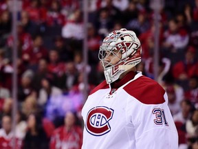 Carey Price of the Montreal Canadiens looks on in the first period against the Washington Capitals during an NHL game at Verizon Center on Dec. 17, 2016. (Photo by Patrick McDermott/NHLI via Getty Images)