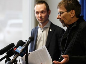 Bret McCann (right), alongside his wife Mary-Ann (not shown) and St. Albert-Edmonton MP Michael Cooper calls for the removal of unconstitutional sections of the Criminal Code during a press conference in St. Albert, Alberta on Sunday, December 18, 2016. Ian Kucerak / Postmedia