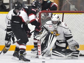 Nick Jung (15) of the Mitchell Hawks finds himself all alone in front of Goderich Flyers’ goalie Nathan Watson during Provincial Junior Hockey League (PJHL) action last Saturday, Dec. 17. ANDY BADER MITCHELL ADVOCATE