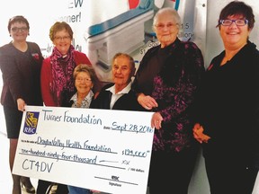 A cheque in the amount of $194,000 was presented by the Turner Foundation for the CT4DV Campaign. Pictured (l. to r.) are Colleen Sekura, Darleen Broadbent, Louise Tucker, Jack Starling, Betty Starling, (Trustees for the Turner Foundation) and Michelle Koebernick ( Foundation Chair).