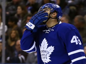 Nazem Kadri of the Toronto Maple Leafs reacts after missing a chance on net against the Anaheim Ducks at the Air Canada Centre in Toronto on Dec. 19, 2016. (Dave Abel/Toronto Sun/Postmedia Network)