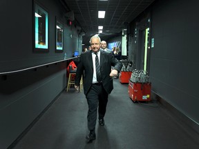 Anaheim Ducks coach Randy Carlyle walks to the ice before his team's game against the Toronto Maple Leafs at the Air Canada Centre in Toronto on Dec. 19, 2016. (DAVE ABEL/Toronto Sun)