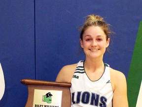 Sarnia native Riley Williams became the all-time Ontario Colleges Athletic Association women's basketball scoring leader with 1,181 career points on Sunday February 14, 2016 in Sarnia, Ont. The 23-year-old Lambton Lions guard passed the previous career points leader during her team's victory over the Niagara Knights. Terry Bridge/Sarnia Observer/Postmedia Network