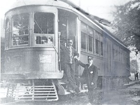 CW&LE street car at Erie Beach circa 1910. E.A. 'Dad' Moore, motorman at left. Archie Stenton, conductor, at right.