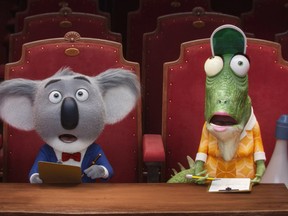 This image released by Universal Pictures shows the character Buster, voiced by Matthew McConaughey, left, and Miss Crawly, voiced by Garth Jennings from the animated film, "Sing." (Universal Pictures via AP)