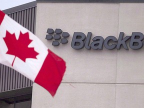 A Canadian flag flies at BlackBerry's headquarters in Waterloo, Ont.  THE CANADIAN PRESS/Geoff Robins