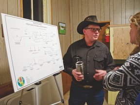 Representatives from MPE Engineering Ltd., and the MD were available to answer questions about the water/wastewater project in Beaver Mines at the open house at the Coalfields School last Thursday. | Caitlin Clow photo/Pincher Creek Echo