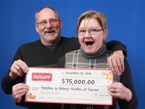 Stephen and Helena Nickles, of Sarnia, recently picked up a $75,000 cheque at the OLG Prize Centre. The pair won a top prize from a Wheel of Fortune scratch ticket. (Handout)