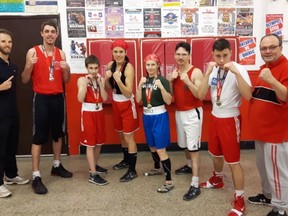 Top Glove's Justin Ceskauskas, Cody Huff, Daniel Schmidt, Trish Teale, Jessica Brugess, Andre Robitaille, Bruno Desrochers and Gord Apolloni. Top Glove returned from provincial championships with three gold medals, a silver medal and a bronze medal. Keith Dempsey/For The Sudbury Star