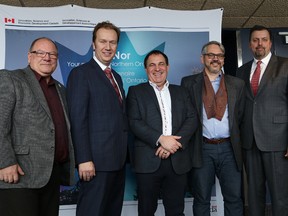 Greater Sudbury Mayor Brian Bigger, left, Sudbury MP Paul Lefebvre, Nickel Belt MP Marc Serre, Stephane Gauthier, president of La Place des Arts, and Guy Labine, CEO of Science North, were on hand for a funding announcement at IMAX theatre in Sudbury, Ont. on Tuesday December 20, 2016.  John Lappa/Sudbury Star/Postmedia Network