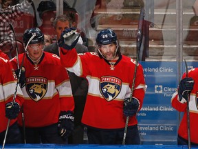 Florida Panthers right winger Jaromir Jagr acknowledges the fans after he scored his third point of the game against the Buffalo Sabres during the third period of an NHL hockey game, Tuesday, Dec. 20, 2016. (AP Photo/Joel Auerbach)