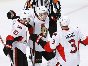 Ottawa Senators' Tom Pyatt celebrates his goal during an NHL game against the Chicago Blackhawks on Dec. 20, 2016 in Chicago. (AP Photo/Charles Rex Arbogast)