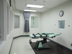 This Sept. 21, 2010, file photo shows the death chamber of the new lethal injection facility at San Quentin State Prison in San Quentin, Calif. Only 30 people were sentenced to death in the United States in 2016, the lowest number since the early 1970s and a further sign of the steady decline in use of the death penalty. The number is a sharp drop from the 49 death sentences last year and just a fraction of the peak of 315 in 1996, according to a report from the Death Penalty Information Center, a nonprofit organization that opposes capital punishment and tracks the issue. (AP Photo/Eric Risberg, File)