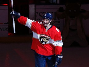 Panthers right wing Jaromir Jagr acknowledges the fans for his three-assist game against the Sabres to tie Mark Messier for second place overall in NHL scoring with 1,887 points after the game in Sunrise, Fla., on Tuesday, Dec. 20, 2016. (Joel Auerbach/AP Photo)