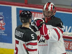 Team Canada defenceman Thomas Chabot congratulates goalie Connor Ingram at the end of the third period against Team Czech Republic in pre-tournament world junior action on Dec. 21, 2016. (THE CANADIAN PRESS/Adrian Wyld)