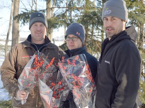 Paul, Lynne, and Nick Warriner hold the last of this year's winterberry crop at their farm just south of Blenheim. The perennial shrub is popular around Christmas and as a winter decoration, so the harvest season lasts from early November to early December.