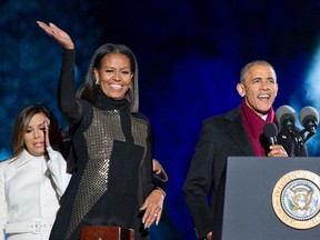 U.S. President Barack Obama, first lady Michelle Obama and Eva Longoria take part in the National Christmas Tree Lighting on the Ellipse December 1, 2016 in Washington, DC. (Photo by Ron Sachs-Pool/Getty Images)