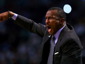 Dwane Casey of the Toronto Raptors reacts during the first half against the Boston Celtics at TD Garden on Dec. 9, 2016 in Boston. (Maddie Meyer/Getty Images)