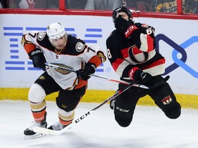 Ottawa Senators left winger Mike Hoffman holds his face after getting high-sticked from Anaheim Ducks left wing Andrew Cogliano during an NHL game on Dec. 22, 2016. (THE CANADIAN PRESS/Sean Kilpatrick)