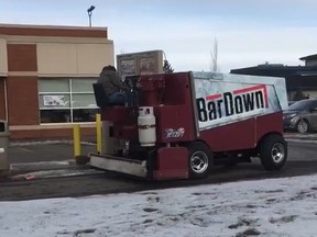 Earlier this week Jesse Myshak drove a Zamboni to the take out window at a Tim Hortons in Stony Plain, Alberta. (Screengrab)