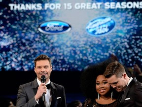 "American Idol" Season 15 winner Trent Harmon (R), host Ryan Seacrest (L) and finalist La'Porsha Renae speak onstage during FOX's "American Idol" Finale For The Farewell Season at Dolby Theatre on April 7, 2016 in Hollywood, Calif. at Dolby Theatre on April 7, 2016.  (Kevork Djansezian/Getty Images)