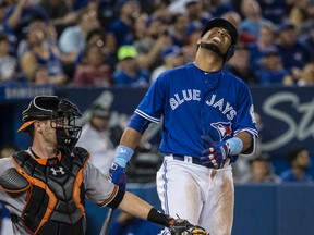Edwin Encarnacion shows his frustration at the plate against the Orioles during MLB action in Toronto on July 31, 2016. (Craig Robertson/Toronto Sun/Files)