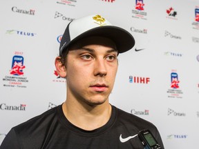Canada's national junior team captain Dylan Strome talks to the media after practice at the Air Canada Centre in Toronto on Dec. 25, 2016. (Ernest Doroszuk/Toronto Sun/Postmedia Network)