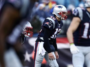 Tom Brady of the New England Patriots looks on during the first half against the New York Jets at Gillette Stadium on Dec. 24, 2016 in Foxboro, Massachusetts. (Maddie Meyer/Getty Images)