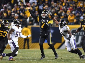 Ben Roethlisberger #7 of the Pittsburgh Steelers attempts a pass in front of Elvis Dumervil #58 of the Baltimore Ravens in the fourth quarter during the game at Heinz Field on December 25, 2016 in Pittsburgh, Pennsylvania. (Photo by Joe Sargent/Getty Images)