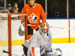 Canada's National Junior Team goalie Carter Hart during a 2017 World Junior Championship practice at the Air Canada Centre in Toronto, Ont.  on Sunday Dec. 25, 2016.  (Ernest Doroszuk/Toronto Sun/Postmedia Network)