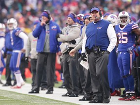 Head coach Rex Ryan of the Buffalo Bills works the sidelines against the Miami Dolphins during the second half at New Era Stadium on Dec. 24, 2016. (Photo by Brett Carlsen/Getty Images)