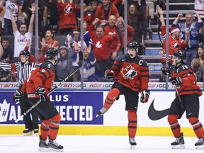 Dylan Strome of Team Canada celebrates a goal against Team Russia during the 2017 IIHF World Junior Hockey Championship at the Air Canada Centre on Dec. 26, 2016. (Claus Andersen/Getty Images)