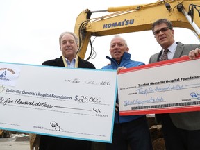 Jason Miller/The Intelligencer
Peter McInroy (centre) of McInroy-Maines Construction, is flanked by Drew Brown (left), of Belleville General Hospital Foundation and Philip Wild, chairperson of Trenton Memorial Hospital Foundation. McInroy donated $50,000 to be shared by both local foundations.