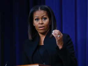 First lady Michelle Obama speaks after the screening for the movie ‘Hidden Figures,’ Thursday, Dec. 15, 2016, in the South Court Auditorium in the Eisenhower Executive Office Building on the White House complex in Washington. (AP Photo/Pablo Martinez Monsivais)