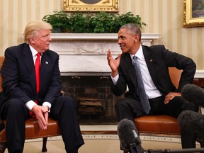 President Barack Obama meets with President-elect Donald Trump in the Oval Office of the White House in Washington on Nov. 10, 2016.AP Photo/Pablo Martinez Monsivais, File)